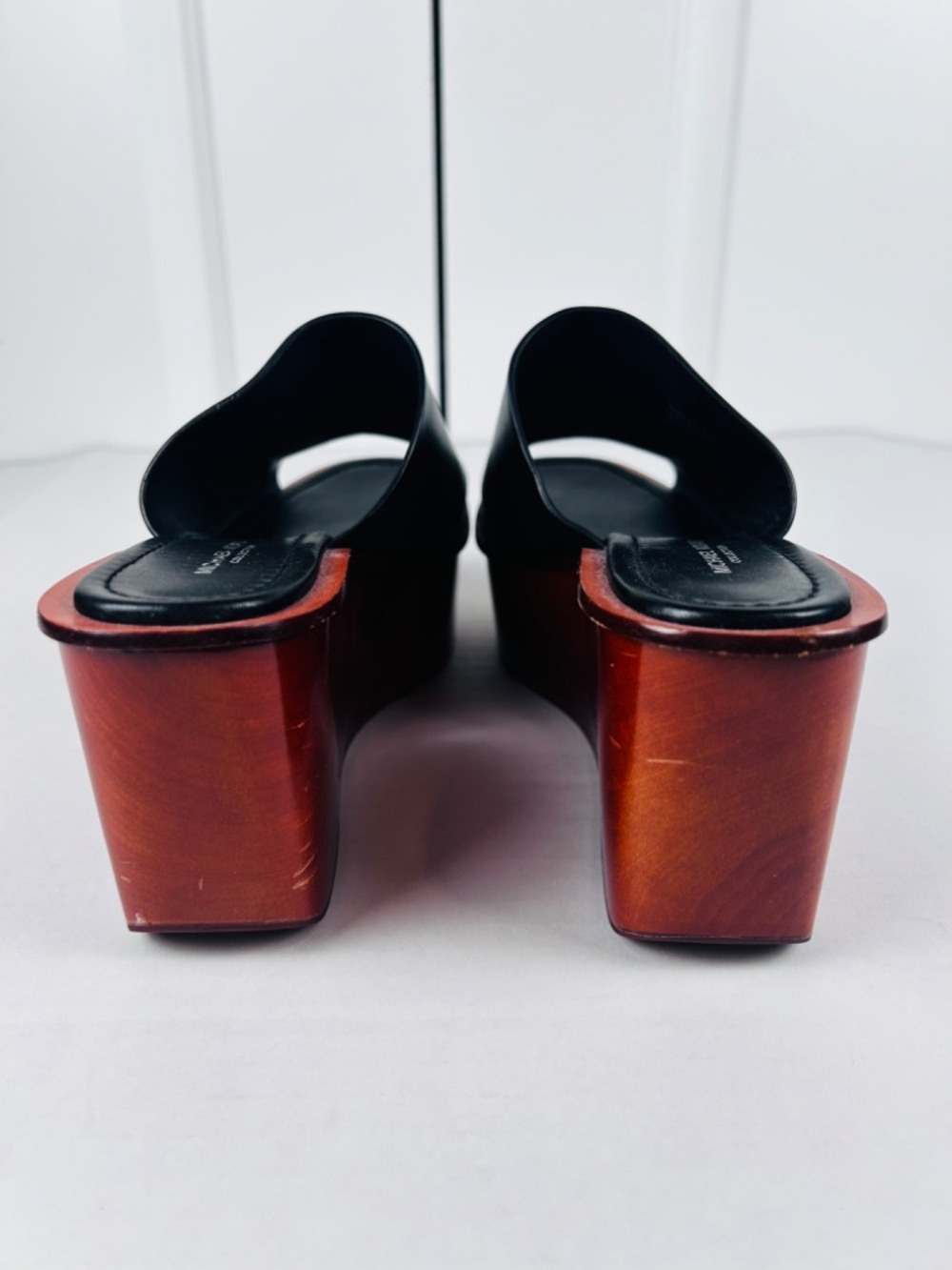 MICHAEL KORS Collection  Leather Wood Wedge Platform Mule Sandal Shoe 7.5 EUR 38 - Picture 6 of 15